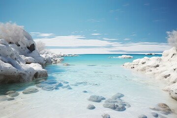Idyllic coastal landscape with tranquil white sands and clear blue skies