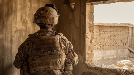 A soldier in full camouflage gear, viewed from behind, surveys an outdoor brick structure through a large breach in a damaged building wall.