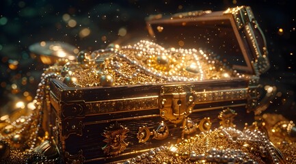 Golden Treasure Trove of Jewels Shimmering in a Studiolit D Rendered Chest