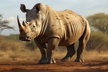 Fototapeta premium Full-bodied portrait of a lone rhino against a serene savanna backdrop