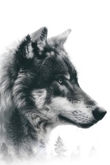 Majestic Double Exposure Wolf Portrait with Forest Landscape
