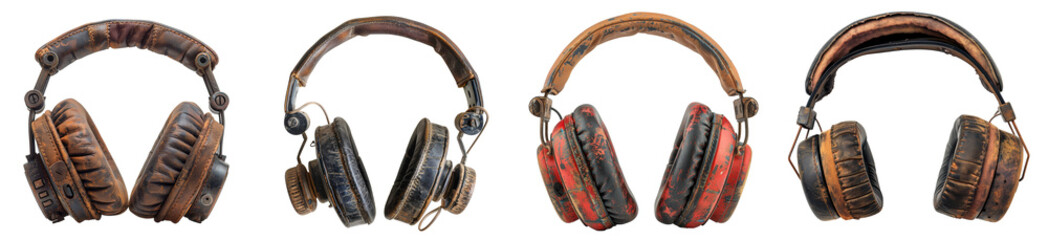 Vintage grunge style headphones isolated on transparent background retro audio equipment