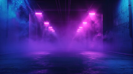 Blue Cyan Purple Dark Empty Street Background - Neon Light Spotlights Night Scene with Smoke Asphalt Floor Studio Room
