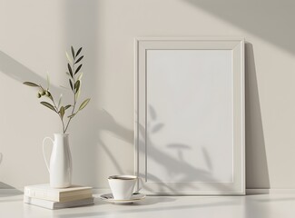 Modern interior design, mockup of vertical picture frame on light beige wall with books and an olive branch in a vase, a coffee cup, close up view, minimalistic style