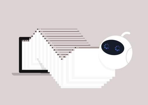 A futuristic assistant freezes the overwhelming number of open browser tabs on a laptop