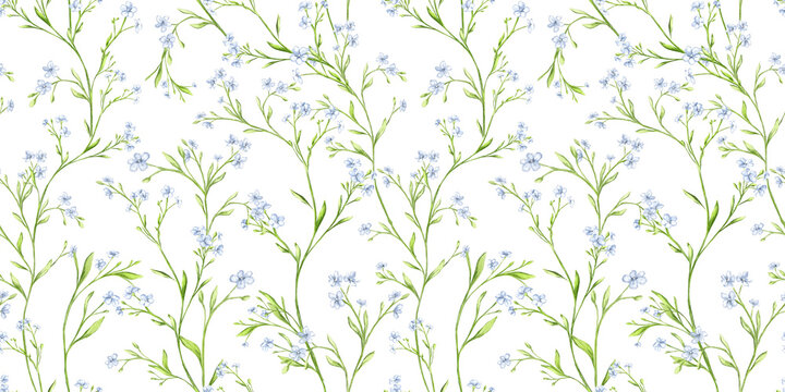 Vintage floral background. Seamless pattern for design and fashion prints. Flowers pattern with small white and blue flowers. Ditsy style.