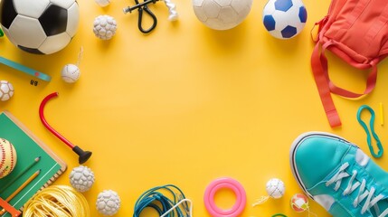 Colorful assortment of back to school sports and study supplies on yellow background