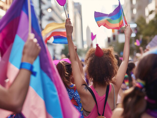 Back view of a crowd at a Pride parade, with various rainbow and transgender flags raised high