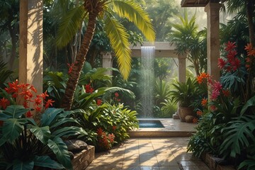 Fototapeta premium Tropical Paradise: Lush Outdoor Shower Amidst Palm Trees and Flowers