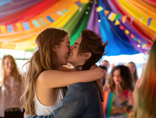 A heartwarming scene of two young women embracing and sharing a kiss under a colorful, rainbow-decorated canopy at a lively celebration.