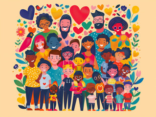 A cheerful, colorful illustration featuring a diverse group of people of various ages and backgrounds