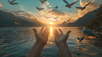 A person's hands open and outstretched towards the sky, with birds flying in front of them at sunset. This scene conveys hope for freedom, love, happiness, tranquility.
