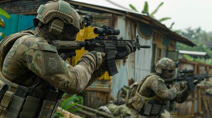 Camouflaged soldiers aim rifles in a tactical position, against a makeshift background of corrugated metal and wooden planks with surrounding greenery.