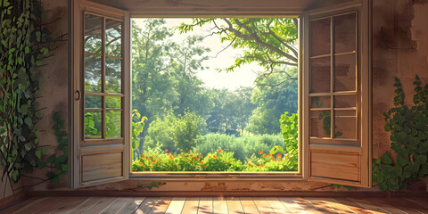 Outdoors has ventured indoors in this old abode - large double french doors open inwards showing bright countryside outside and plants growing up the walls inside as nature takes over an old house 
