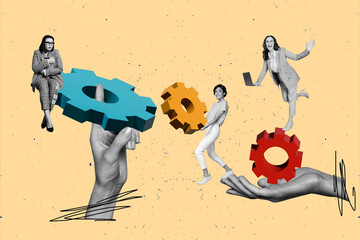 Creative photo collage teamwork employees colleagues 3d gears figure cogwheel efficiency project management collaboration configuration