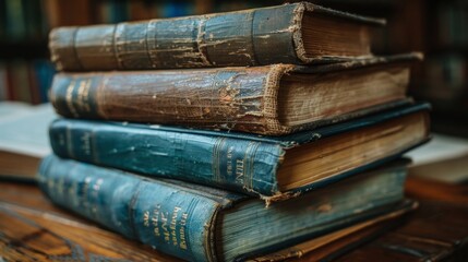 A close-up photo of a stack of old books with worn covers, hinting at the vast knowledge and stories they hold.