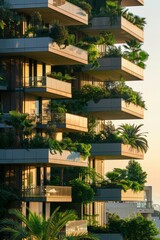 Fototapeta premium A building view withgreen jungle in balconies,with plant and palms, luxurious nature green touch in the city lifestyle