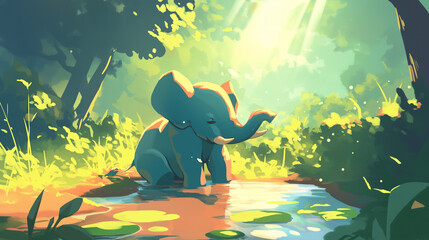 Personagem elefante brinca em uma poça de água na floresta verde