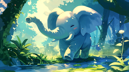 Personagem elefante brinca em uma poça de água na floresta verde