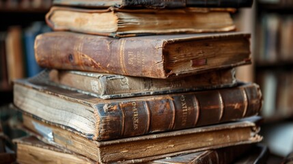 A close-up photo of a stack of old books with worn covers, hinting at the vast knowledge and...