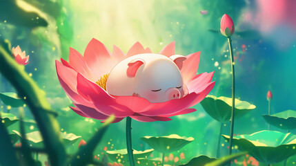 Personagem porquinho dormindo em uma flor rosa gigante na floresta verde