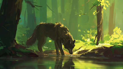 Personagem lobo brinca em uma poça de água na floresta verde