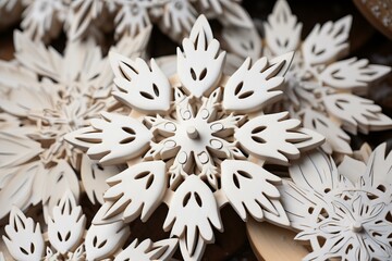 Close-up of a beautifully detailed white ceramic flower sculpture with a symmetrical design