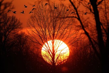 Sun Setting Behind Tree With Birds Flying