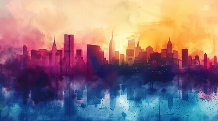 Fototapeta premium A vibrant watercolor painting of a cityscape, capturing the urban landscape in a dreamy and artistic style.
