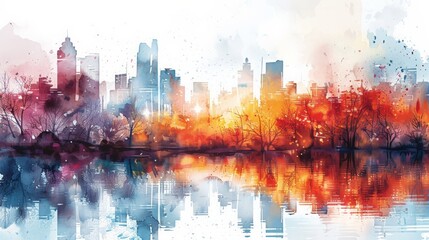 A vibrant watercolor painting of a cityscape, capturing the urban landscape in a dreamy and artistic style.