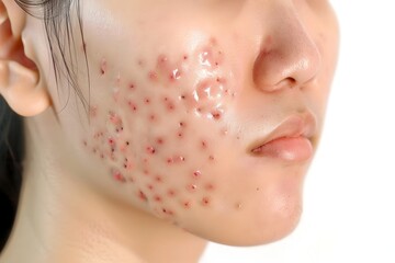 Close Up of Acne Vulgaris Lesions on Asian Woman s Facial Skin