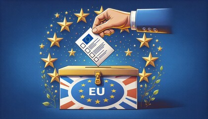 Box zur Abgabe von Stimmzetteln mit Europaflagge und eine Hand, die einen Zettel einsteckt 