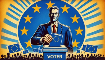 Illustration, ein Mann auf einem Europa-Wahlplakat steckt einen Wahlzettel in die Urna