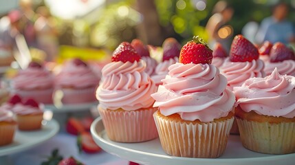 A table full of cupcakes and cakes at an outdoor party, with pink frosting and strawberries on top. Emphasize the deliciousness of these treats.
