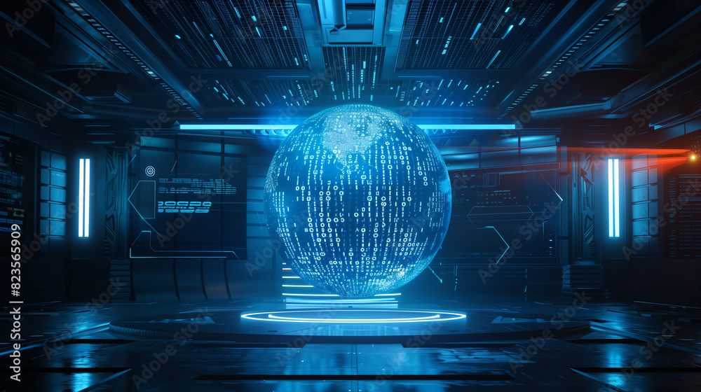 Poster futuristic digital technology background with a virtual sphere of binary codes in a futuristic techn