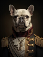 A portrait of a dog wearing historic military uniform. Pet portrait in clothing.