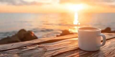 Coffee mug on wooden table with sea and sunset in the background: A peaceful moment. Concept Travel, Nature, Coffee, Sunset, Serenity