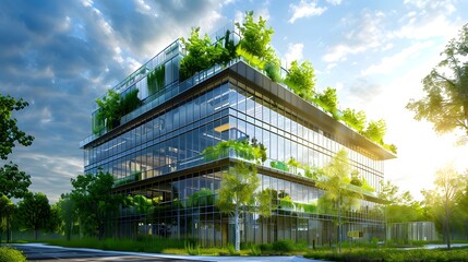 Sustainable green building. Energy efficient building. Sustainable glass office building with trees for reducing carbon dioxide. Office with green environment. Corporate building 