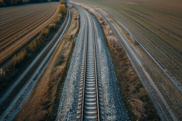 Aerial view of empty railway tracks cutting through a rural landscape, highlighting the clean lines and geometric shapes. 