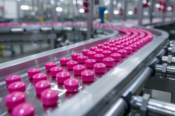 Obraz premium Pills on a conveyor belt in a pharmaceutical factory