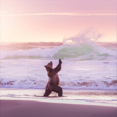 A bear frolics on the sea coast
