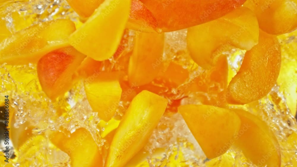 Poster super slow motion of falling apricots slices into water, colored background. filmed on high speed ci