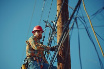 Lineman electrician on pole repairs damage. Copy space for text