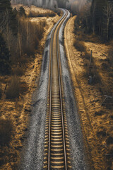 Obraz premium Aerial view of empty railway tracks cutting through a rural landscape, highlighting the clean lines and geometric shapes. 