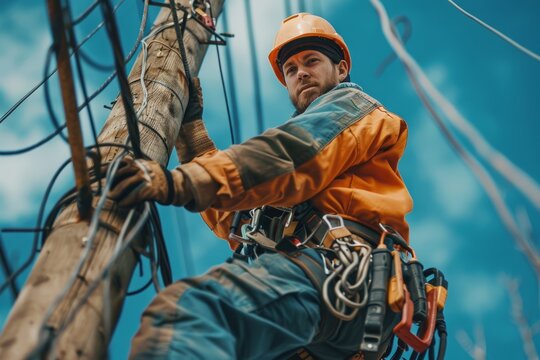 Lineman electrician on pole repairs damage