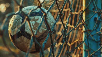 soccer ball sitting in the corner of the goal net, indicating a recent score