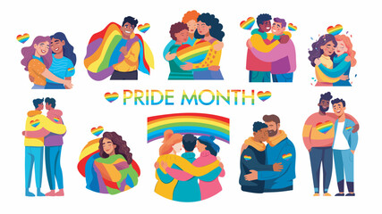 Big vector set celebrating PRIDE month with different happy people, gays, lesbians friends and rainbow supporting LGBT rights and movements. Avatar icons for festival parades parties and social events