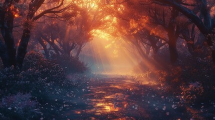 A surreal, dreamy forest path bathed in golden sunlight, with glowing leaves and a tranquil atmosphere ideal for themes of nature and fantasy.
