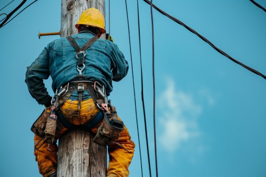 Lineman electrician on pole repairs damage