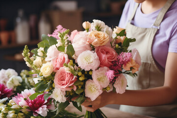 Closeup female hands make modern bouquet on floral shop, florist workplace